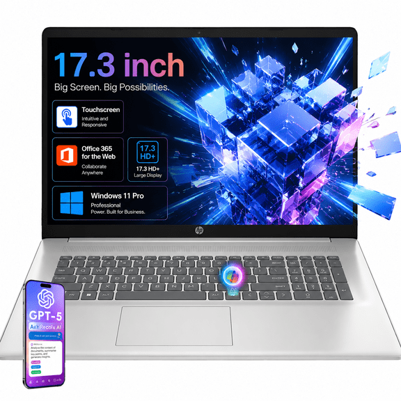 HP 17.3 inch Touch Screen Student Laptop, AMD Ryzen 5, 16GB RAM, 1TB SSD, Win 11 Big Screen Computer Ready for Office 365 for the web, w/AI Voice Recorder