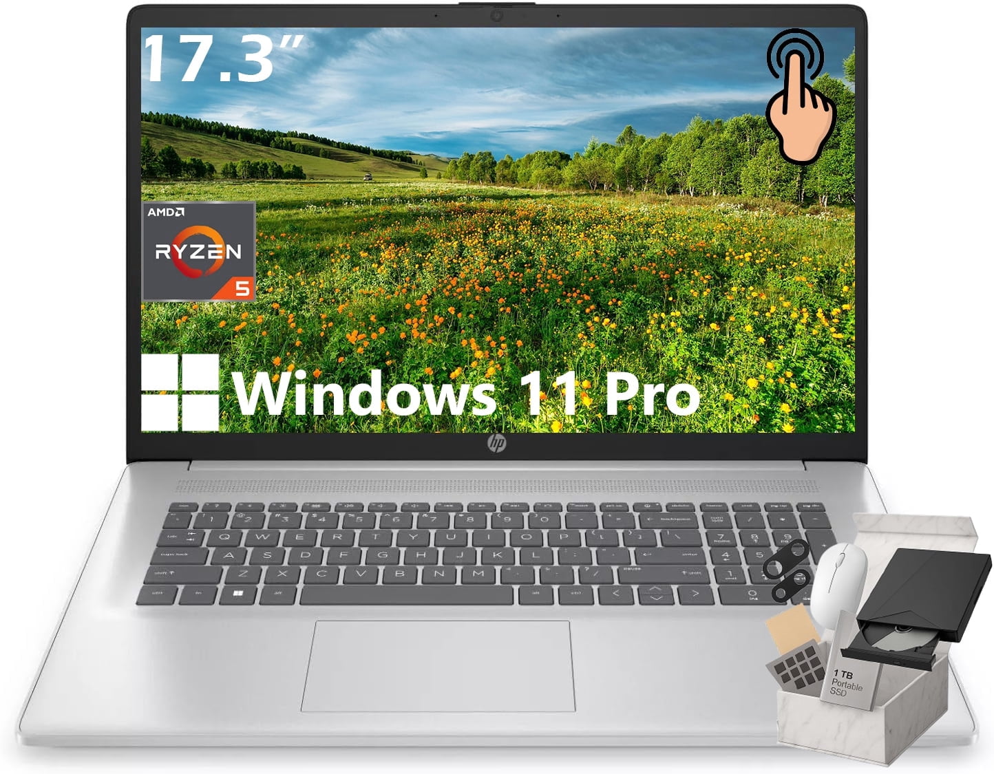 HP 17.3 inch Touchscreen Business Laptop, AMD Ryzen 5 7430U, 16GB