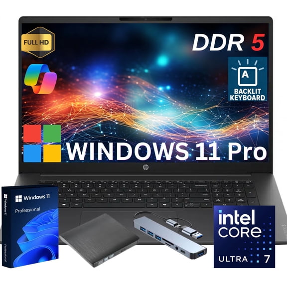 HP 17.3 inch Windows 11 Pro Laptop intel Core Ultra 7 255U 24GB DDR5 RAM 512GB SSD Blacklit Keyboard/ Gift Set