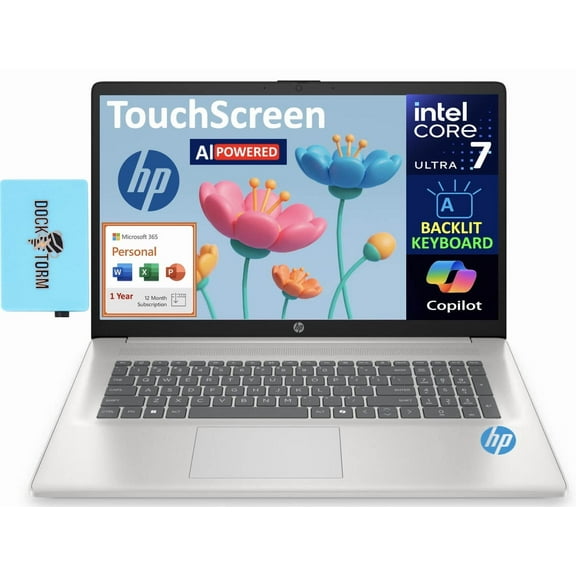 HP 17 AI Powered Laptop 17.3in Touchscreen HD+ Display (Intel Ultra 7-255U, 16GB DDR5, 4TB PCIe SSD, Intel Graphics, Backlit KB, WiFi 6, Win 11 Home) w/Microsoft 365 Personal , DKZ USB Port Expander