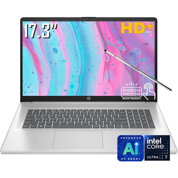 HP 17 Business Copilot+ AI PC Laptop, 17.3" HD+ 1600 x 900 Diagonal Touchscreen, Intel Core Ultra 7 255U, 720P Webcam, Backlit KB, Stylus Pen, Win11 Home (16GB DDR5 RAM | 512GB SSD)