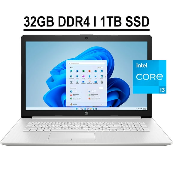 HP 17 Business Laptop 17.3" HD+ Anti-glare Display 11th Gen Intel Core i3-1115G4 32GB DDR4 1TB SSD Intel UHD Graphics HD Audio Office365 HDMI WiFi Bluetooth Webcam Win11 Silver