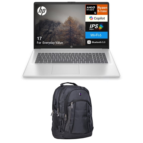 HP 17 Everyday Value Laptop 17.3in IPS FHD Display (AMD Ryzen 5 7520U, 8GB LPDDR5, 1TB PCIe SSD, AMD Radeon, WiFi 6, Webcam, Bluetooth 5.3, Win 11 Home) w/Premium Backpack