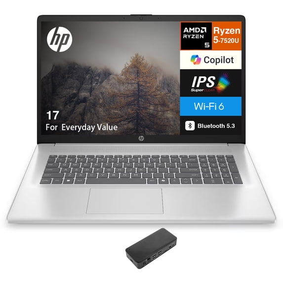 HP 17 Everyday Value Laptop 17.3in IPS FHD Display (AMD Ryzen 5 7520U, 8GB LPDDR5, 2TB PCIe SSD, AMD Radeon, WiFi 6, Webcam, Bluetooth 5.3, Win 11 Pro) w/USB-C Dock