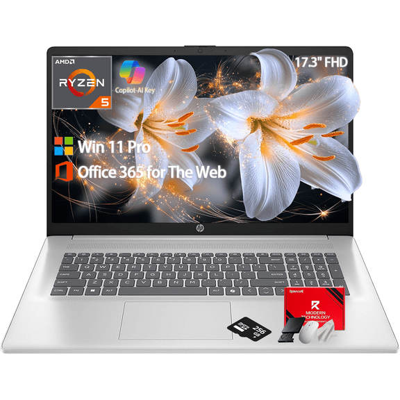 HP 17 Inch Laptop 2025, 17.3" FHD IPS Anti-Glare Display, 20 GB RAM, 512 GB SSD, AMD Ryzen 5 7430U, AMD Radeon Graphics, Copilot-AI, Wi-Fi 6, Numeric Keyboard, Windows 11 Pro