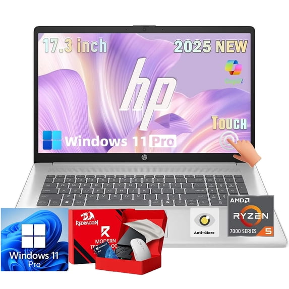 HP 17 Inch Touchscreen Laptop Computer, 17.3" 250 nits Anti-Glare Display, AMD Ryzen 5 7430U, 32GB RAM, 1TB SSD, Windows 11 Pro, AI Copilot, Fast Charge, AMD Radeon Graphics, Wi-Fi 6