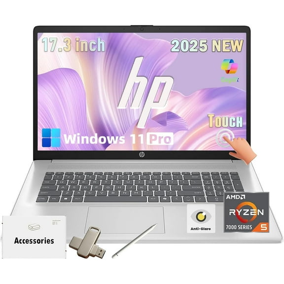 HP 17 Inch Touchscreen Laptop Computer, 17.3" 250 nits Anti-Glare Display, AMD Ryzen 5 7430U, 32GB RAM, 1TB SSD, Windows 11 Pro, AI Copilot, Fast Charge, AMD Radeon Graphics, Wi-Fi 6