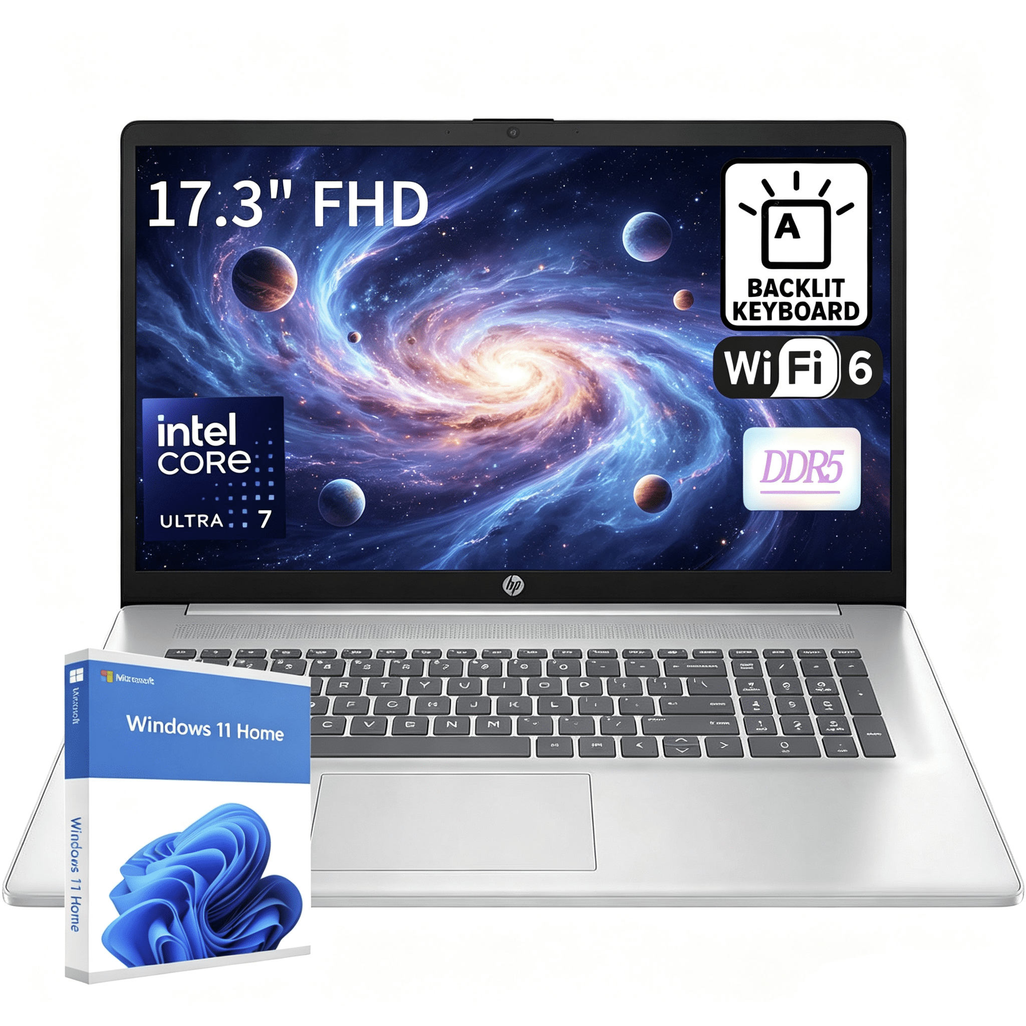 HP 17 Laptop, 17.3" FHD Display, Intel Core Ultra 7 255U beat i7-1355U,32GB RAM, 1TB SSD,HDMI, Wi-Fi 6,Backlit Keyboard, Windows 11 Home, Silver