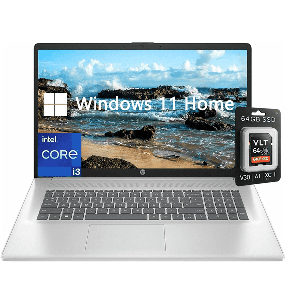 HP 17 Laptop, 17.3" HD+, Intel Core i3, 8GB RAM, 256GB SSD, Free Win 11 Pro with 64GB SD Card, Natural Silver