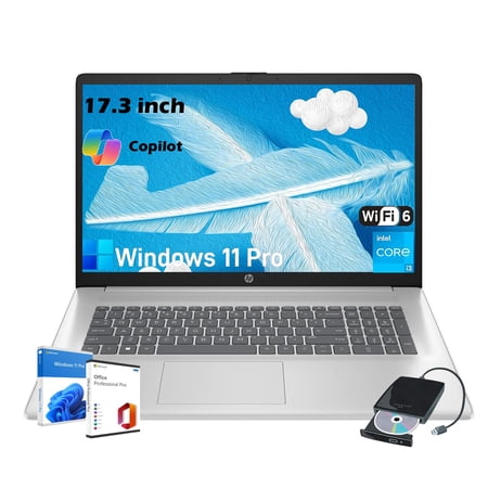 HP 17 Laptop Business Computer - 17.3" HD+ Display, Intel i3-N305, Numeric Keypad, Wi-Fi 6, Copilot, Windows 11 Pro, Office Pro Lifitime, 16GB RAM, 1TB SSD
