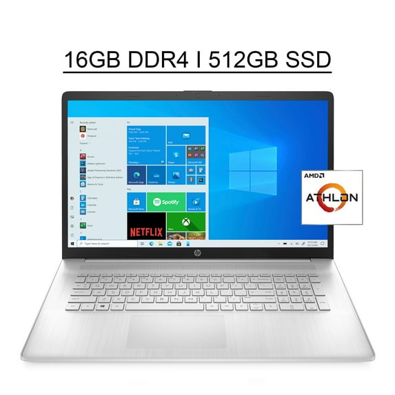 HP 17 Laptop Computer 17.3" HD+ Display AMD Athlon Silver 3050U 16GB DDR4 512GB SSD AMD Radeon Graphics USB-C HDMI WiFi6 Bluetooth5.2 Up to 5.75 hours Battery Life Win10 Silver