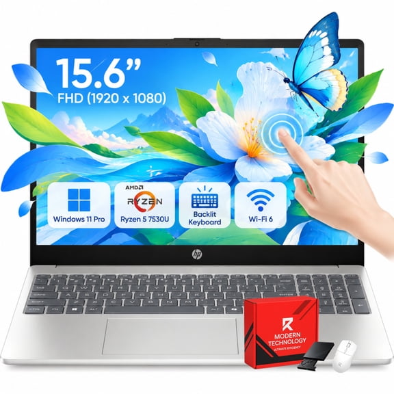 HP 15 Laptop Computer, 15.6" FHD Touchscreen, AMD Ryzen 5-7530U, 12GB RAM, 512GB SSD, Windows 11 Pro, Backlit KB, Silver, Ideal for College & Home