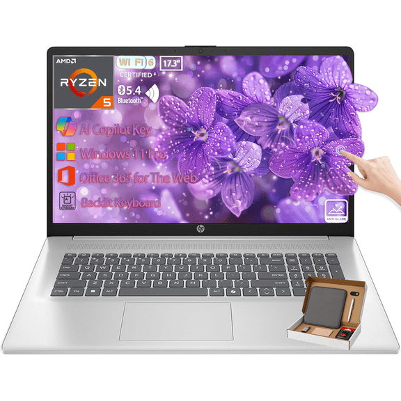HP 17 Laptop Computer for Business, 17.3" 250 nits Touchscreen Display, AMD Ryzen 5 7430U(UP to 4.3GHz), Backlit Keyboard, 32GB RAM+1TB SSD, AI Copilot, Windows 11 Pro, Silver