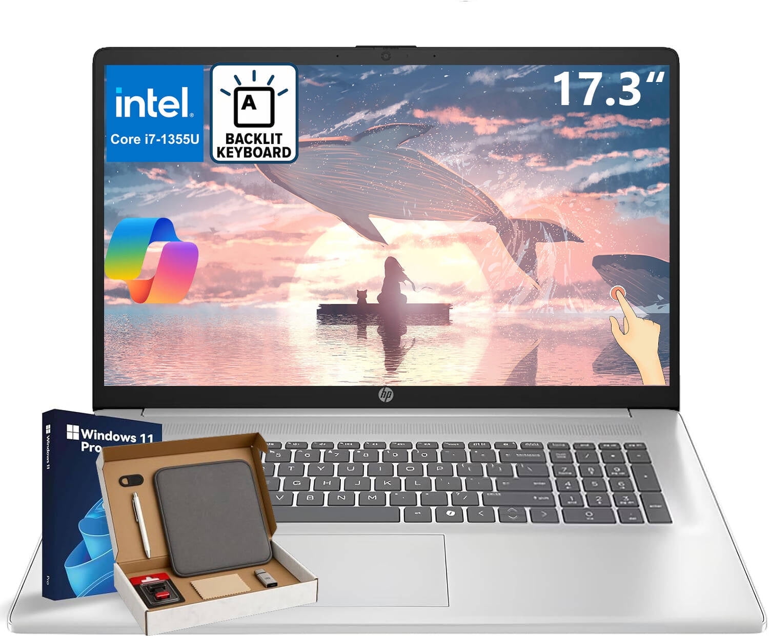 HP 17 Performance Touchscreen Business Laptop, Intel Core i7-1355U, 64GB RAM, 1TB SSD, 17.3" HD+ Touch Screen, Wi-Fi 6, Backlit Keyboard, Windows 11 Pro, Silver