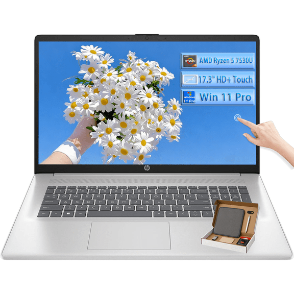 HP 17 Touchscreen Business Laptop, 17.3" HD+ Anti-Glare Display, AMD Ryzen 5 7530U (6-Core), 16 GB RAM, 512 GB SSD, Wi-Fi 6, Webcam, Windows 11 Pro