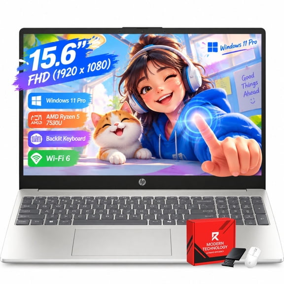 HP 15 Touchscreen Laptop Computer, AMD Ryzen 5 7530U, 15.6" FHD Anti-Glare Display, 12GB RAM, 512GB SSD, Backlit Keyboard, for Business & Student, Fast Charge, Copilot, HD Camera, Win11 Pro