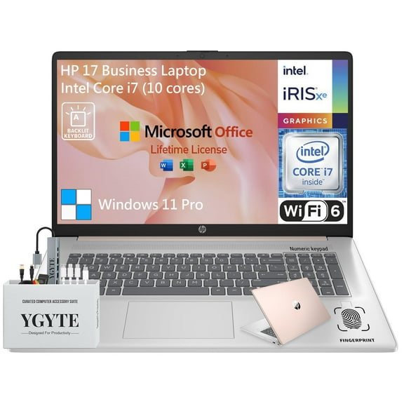HP 17 Touchscreen Laptop PC, 17.3 Inch HD+ Touch Screen Business Laptop Computer, Intel Core i7, Windows 11 Pro, 16GB RAM 1TB SSD+512GB Docking Set,Lifetime Office,10 Key|Backlit|Fingerprint,Rose Gold