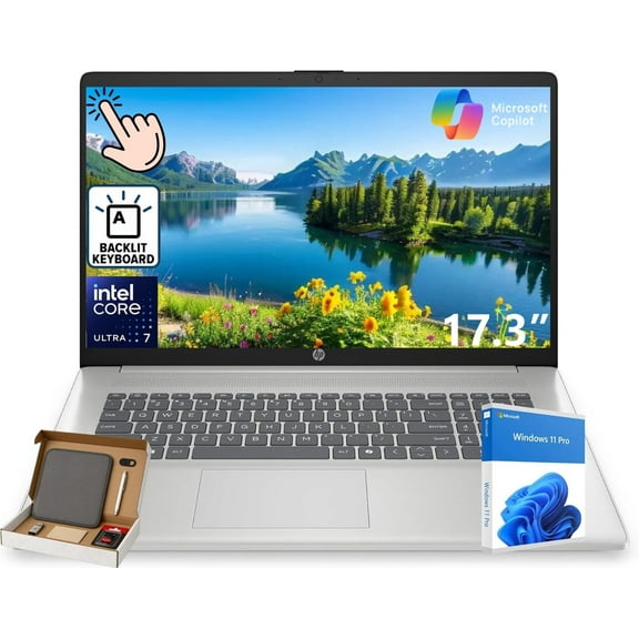HP 17 inch Business Touchscreen Laptop, Intel Ultra 7 255U, 64GB DDR5, 1TB SSD, Intel AI Boost (12 NPU TOPS), 17.3" HD+ Display, Backlit Keyboard, Wi-Fi 6, Copilot, Windows 11 Pro