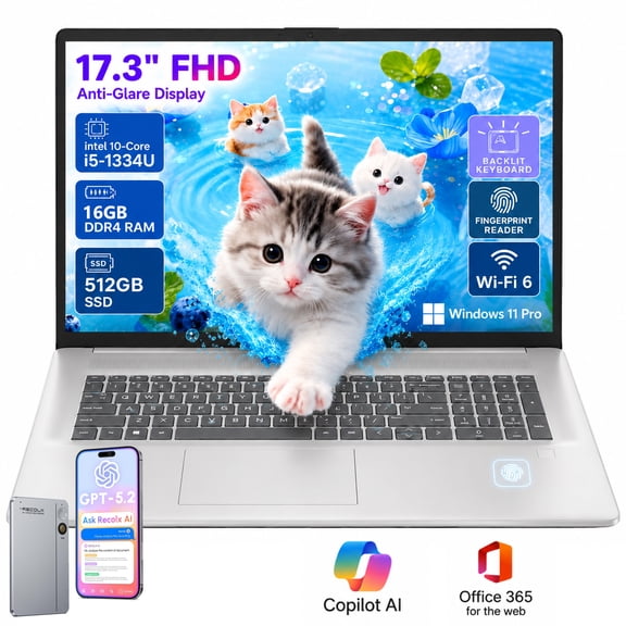 HP 17 inch FHD Laptop for Home Office - Intel Core i5-1334U, 16GB RAM, 512GB SSD, Office 365 for the web, Backlit Keyboard, Fingerprint Reader, Windows 11 Pro
