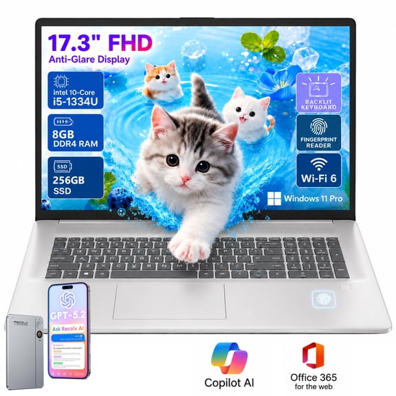 HP 17 inch FHD Laptop for Home Office - Intel Core i5-1334U, 8GB RAM, 256GB SSD, Office 365 for the web, Backlit Keyboard, Fingerprint Reader, Windows 11 Pro