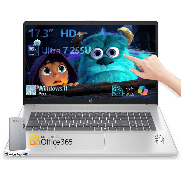 HP 17t Touchscreen 17.3 Inch HD+ Laptop, Intel Ultra 7 255U, 12-Core Processor, Windows 11 Pro, Fingerprint Reader, Backlit Keyboard, 8GB DDR5, 512GB SSD with Accessory, Office 365 for the web