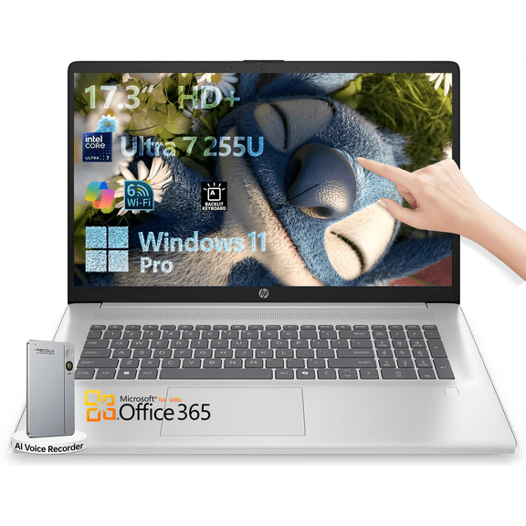 HP 17t Touchscreen Laptop, 17.3" HD+ Intel, Ultra 7 255U 12-Core, Windows 11 Pro, Backlit Keyboard, Fingerprint Reader, 8GB DDR5, 256GB SSD, Reclox AI Voice Recorder, Office 365 for the web