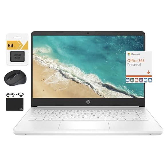 HP 2023 Newest 14" HD Ultral Light Thin Laptop, Quad-Core Intel Celeron Processor, 4GB RAM, 128GB (64GB eMMC+ 64GB SD), Wi-Fi, Upto 11 Hours, Windows 11 S + 1 Year Office 365+HubxcelAccessory, White