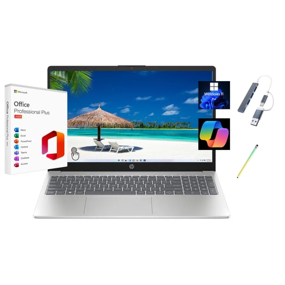 HP 2025 15.6" HD Touchscreen Laptop, Free Lifetime Microsoft Office 2024, Intel Core i3-1315U, 12GB RAM, 512GB SSD, Intel UHD Graphics, Windows 11 Pro, Natural Silver, Copilot, with USB Hub&Stylus Pen