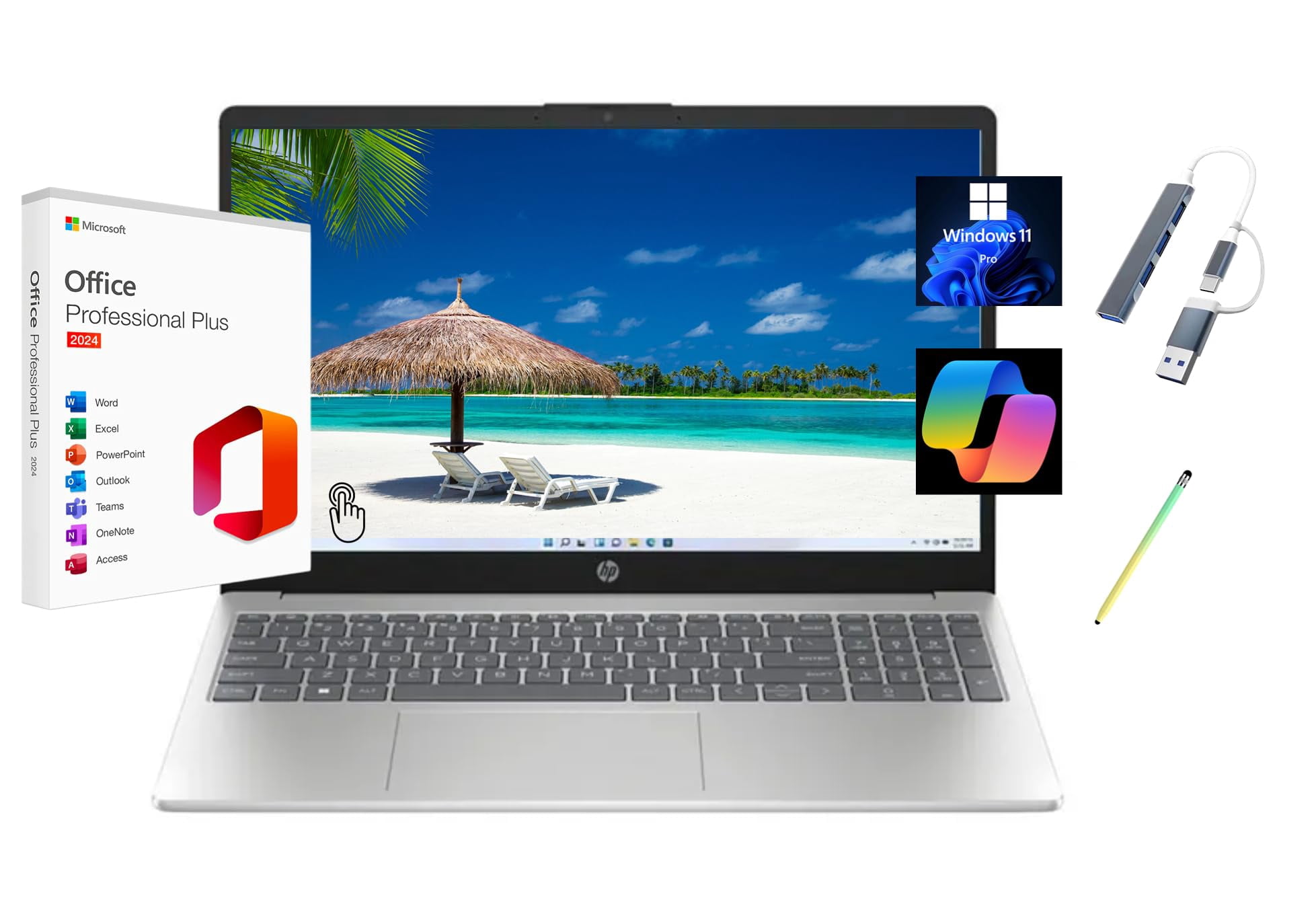 HP 2025 15.6" HD Touchscreen Laptop, Free Lifetime Microsoft Office 2024, Intel Core i3-1315U, 16GB RAM, 256GB SSD, Intel UHD Graphics, Windows 11 Pro, Natural Silver, Copilot, with USB Hub&Stylus Pen