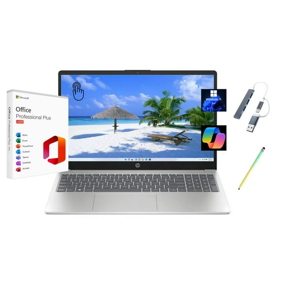 HP 2025 15.6" HD Touchscreen Laptop, Free Lifetime Microsoft Office 2024, Intel Core i3-1315U, 8GB RAM, 256GB SSD, Intel UHD Graphics, Windows 11 Pro, Natural Silver, Copilot, with USB Hub&Stylus Pen