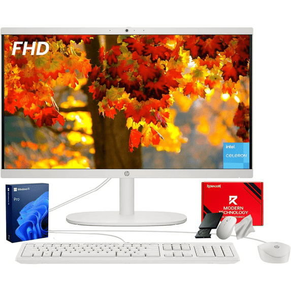 HP 2025 All-in-One Desktop Computer - Intel Celeron J4025 Processor • 21.5'' FHD Display • 32GB RAM • 1TB SSD • Free External CD/DVD Drive • Wi-Fi 6 • Win 11 Pro • White