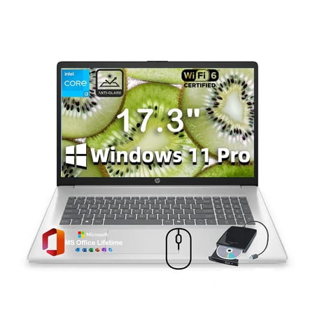 HP 2025 Laptop for Business and Students, 17.3" HD+ Anti-Glare Display, w/Office Lifetime & External DVD Drive, Intel (8-Core) i3 - N305, Win 11 Pro, Wi-Fi 6, Copilot AI, 16GB RAM, 512GB SSD