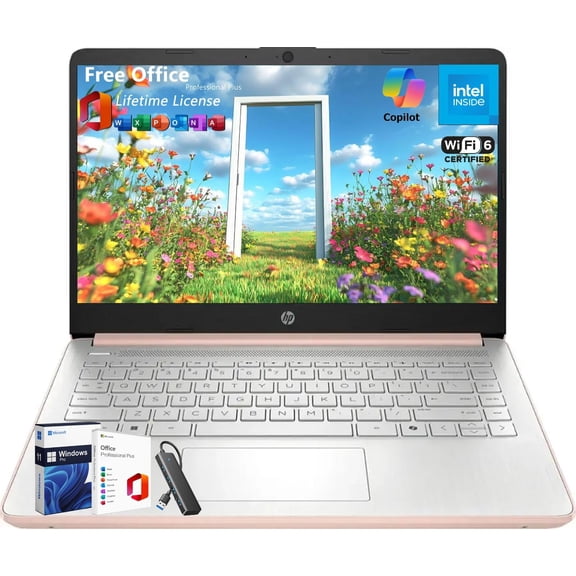 HP 2025 New Student Business Laptop, Intel N150 CPU(Beats N4120), 14 Inch LED, 16GB RAM, 128GB UFS+256GB MSD Storage, Wi-Fi 6, Copilot AI, Office Pro Lifetime, Win11 Pro, Rose Gold, w/Accessories