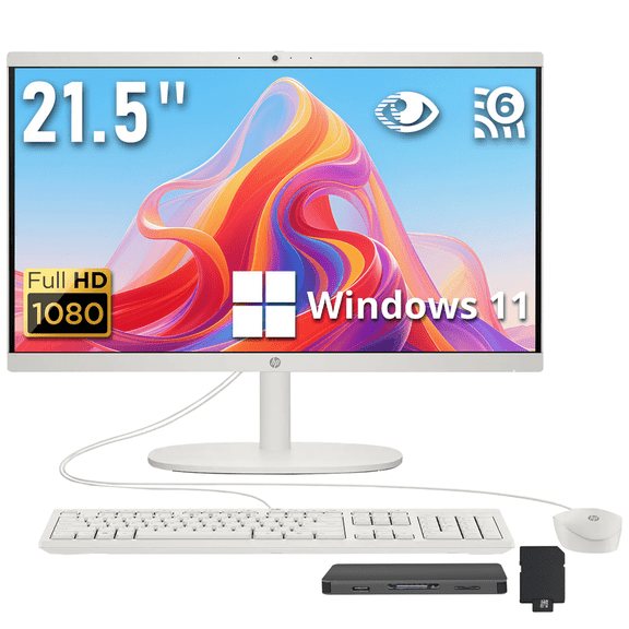 HP 21.5" All-in-One Desktop, Intel Processor N100, 8GB DDR5, 1.128TB Storage (128GB UFS+1TB Dock Station), Intel UHD Graphics, Full HD Anti-glare Display, WiFi 6, Win 11 Home, Cashmere White