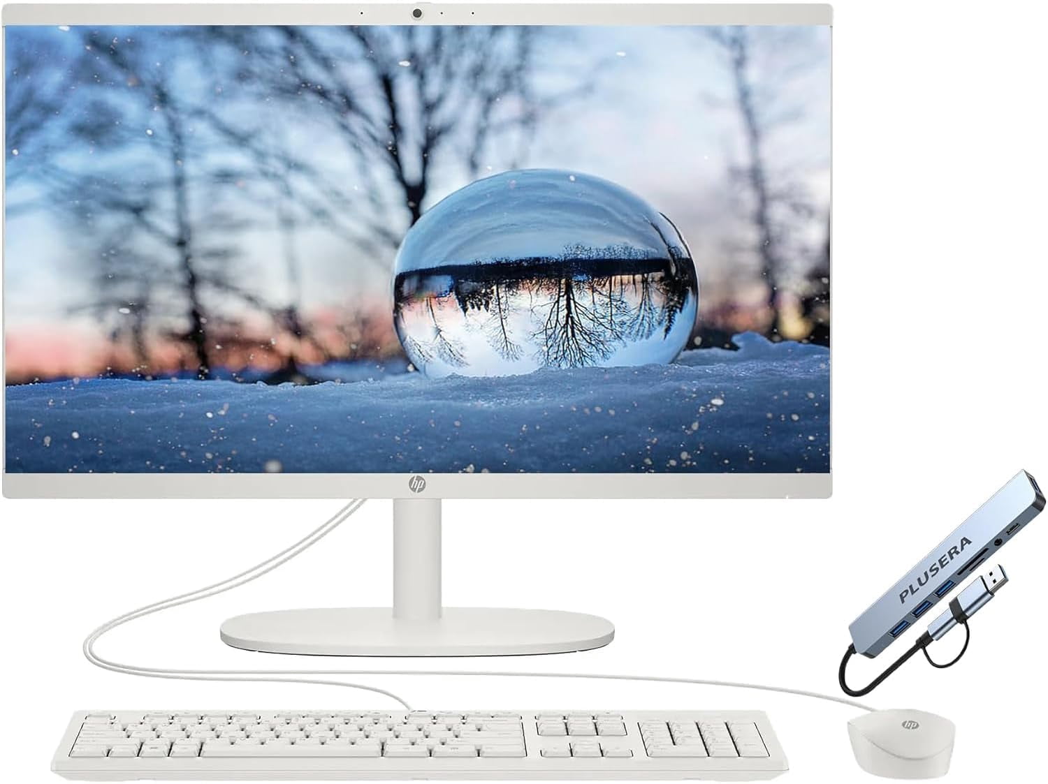 HP 21.5" FHD All-in-One Desktop Computer, 8GB RAM 128GB UFS, Quad-Core Intel N100, Windows 11, Keyboard & Mouse, PLUSERA 8-in-1 Hub Included, Cashmere White
