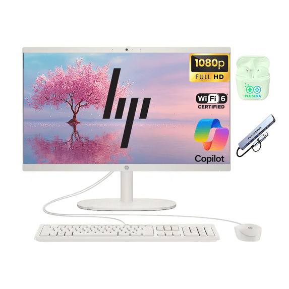 HP 21.5" FHD All-in-One Laptop Desktop Computer, Intel Quad-Core Processor, 8GB RAM 640GB Storage (128GB SSD+512GB External), Windows 11, Wired Keyboard & Mouse, PLUSERA Earphones, Cashmere White