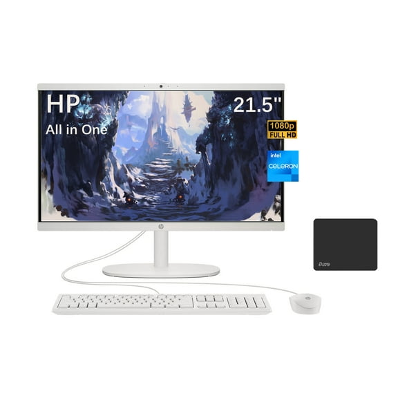 HP 21.5" All in One Desktop,1080p Full HD Display, Intel Celeron J4025 Processor, Intel UHD Graphics 600, 4GB DDR4 Memory, 128GB SSD, Windows 11 S, Anti-Glare Panel, White with 5AVE Mousepad