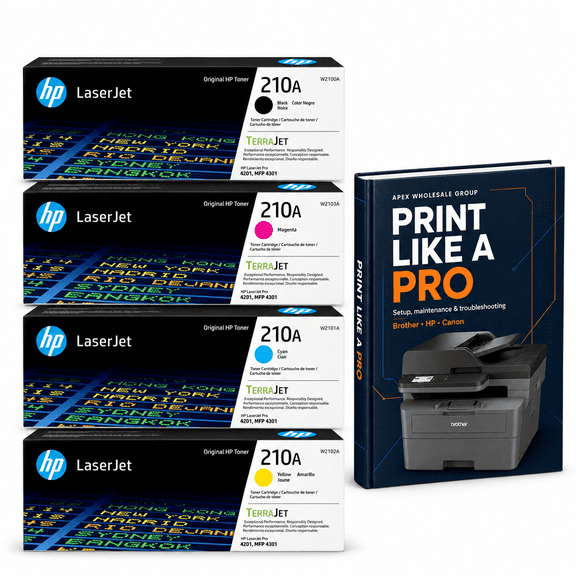 HP 210A Toner Cartridge Set, Black/Cyan/Magenta/Yellow 4-Pack - Sold Without Manufacturer Warranty + Bundle with AWG Printer eBook