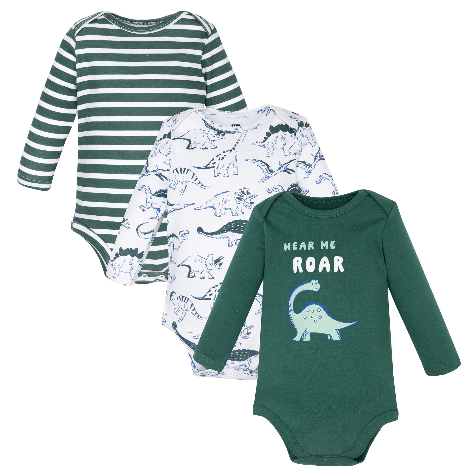Hudson Baby Infant Boys Cotton Long-Sleeve Bodysuits 3-Pack, Hear Me Roar Dino, 0-3 Months