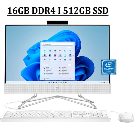 HP 22 All-in-One Desktop Computer 21.5" Diagonal FHD VA Anti-glare Display Intel Core Celeron J4025 Processor 16GB DDR4 512GB SSD Intel UHD Graphics 600 HDMI Webcam Bluetooth Win11 White