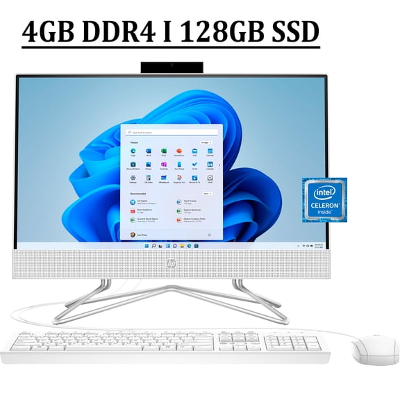 HP 22 All-in-One Desktop Computer 21.5" Diagonal FHD VA Anti-glare Display Intel Core Celeron J4025 Processor 4GB DDR4 128GB SSD Intel UHD Graphics 600 HDMI Webcam Bluetooth Win11 White