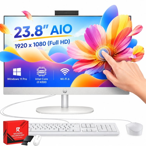 HP 23.8" Compact All-in-One Touchscreen Desktop PC, Intel Core i3 N300, 8GB RAM, 512GB SSD, 23.8 inch FHD IPS Display, Wi-Fi 6, Windows 11 Pro, Shell White