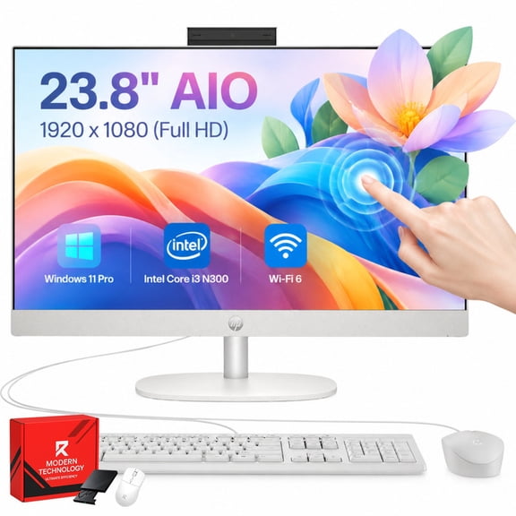 HP 23.8" Touchscreen All-in-One Desktop, Intel Core i3 N300, 8GB RAM, 512GB SSD, 23.8 inch FHD Touch Display, Wi-Fi 6, IR Camera, Windows 11 Pro