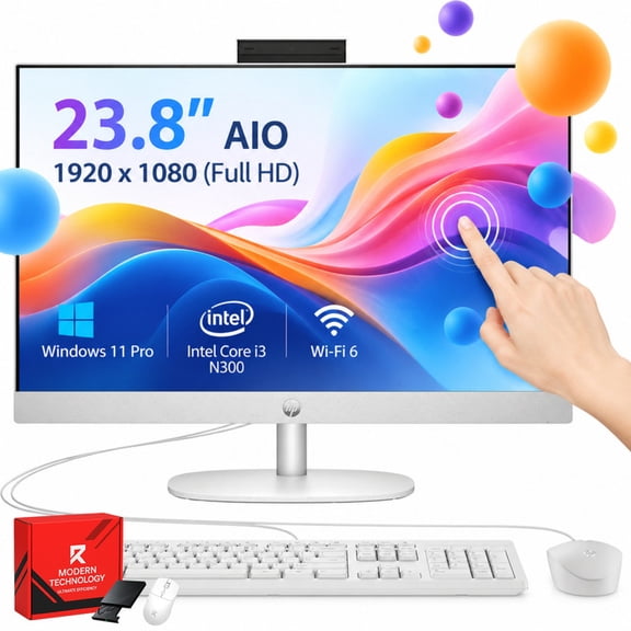 HP 23.8" Touchscreen All-in-One Home Desktop Computer, Intel Core i3 N300, 8GB RAM, 512GB SSD, 23.8 inch FHD Touch Screen, Wi-Fi 6, Windows 11 Pro