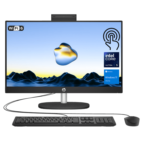 HP 24" AI All-in-One Desktop, 23.8" FHD Touchscreen, Intel Core Ultra 5 125U, 16GB RAM, 2TB SSD, Wired KB&Mouse, IR Camera, RJ-45, Wi-Fi 6, W11H, Black