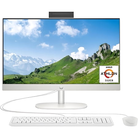 HP 24 Inch All-in-One Desktop, 23.8" FHD Display, AMD Athlon Silver Processor (Beats i5-6360U), 8GB RAM, 256GB PCIe SSD, Webcam, HDMI, Wi-Fi 6.0, Bluetooth, Windows 11 Home, White
