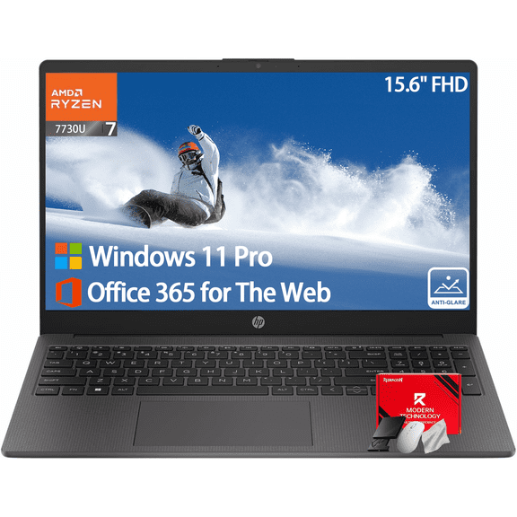 HP 255 G10 Business Laptop, AMD Ryzen 7 7730U Processor, 16GB RAM, 512GB SSD, 15.6" FHD LED Display, Spill-Resistant Keyboard, Wi-Fi 6, HD Webcam, Bluetooth 5.2, Windows 11 Pro