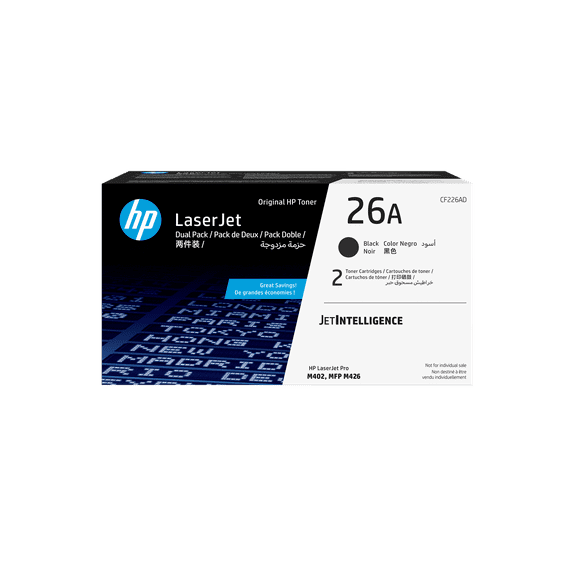 HP 26A 2-pack Black Original LaserJet Toner Cartridges, CF226AD