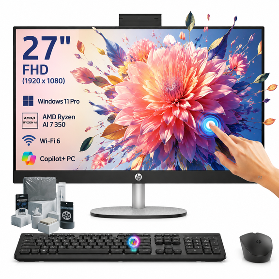 HP 27" All-in-One Desktop Computer, 27-inch FHD IPS Touchscreen, AMD Ryzen AI 7 350, 16GB DDR5, 1TB SSD, Wi-Fi 6, Bluetooth, Windows 11 Pro