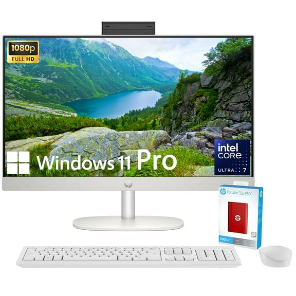 HP 27" All-in-One Desktop Computer, FHD IPS Display, 12-core Intel Core Ultra 7-155U Processor, 64GB DDR5, 4TB SSD, Wi-Fi 6, HDMI, Wireless KB&Mouse, Windows 11 Pro, + 500G P500 Portable SSD
